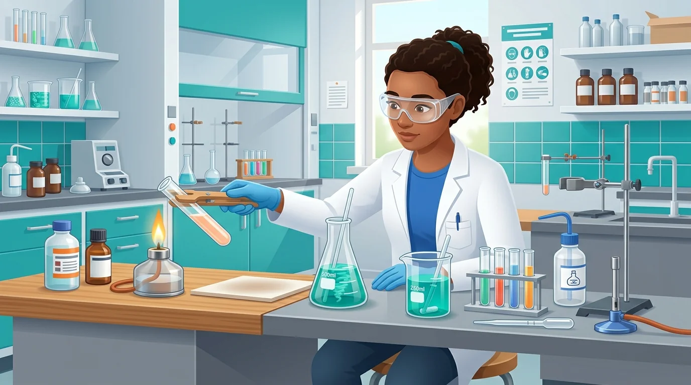 Minh hoạ dụng cụ thí nghiệm hoá học với ống nghiệm kẹp gỗ đun nghiêng trên ngọn lửa đèn cồn an toàn